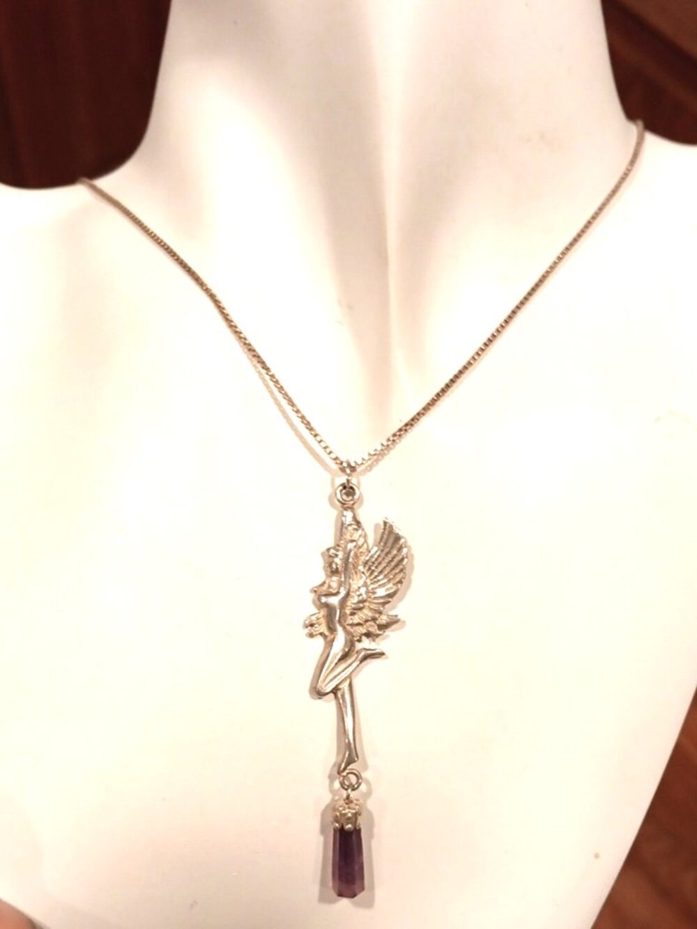 Vtg Sterling Silver Angel Amethyst Necklace